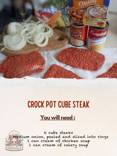 Recipe Whisper Crock Pot Cubed Steak Recipes, Cubed Steak Recipes Easy, Steak Crockpot, Smothered Cube Steak, Cube Steak Crock Pot Recipes, Crock Pot Cube Steak, Beef Cube Steak Recipes, Crockpot Steak Recipes, Cube Steaks