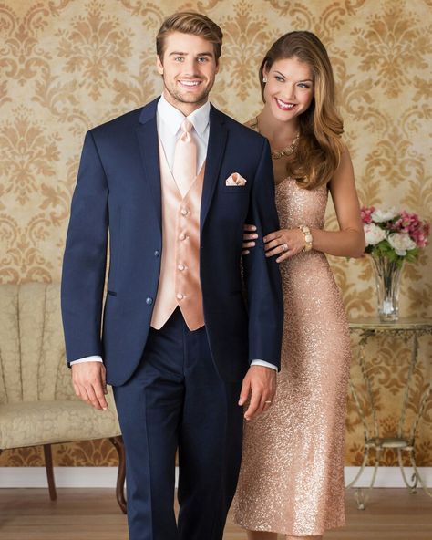 Rose gold bridesmaid and groomsmen Rose Gold Suit, Wedding Rose Gold Theme, Rose Gold Bridesmaid Dress, Rose Gold Bridesmaid, Rose Gold Dress, Gold Bridesmaid Dresses, Gold Prom Dresses, Suit Coat, Navy Suit