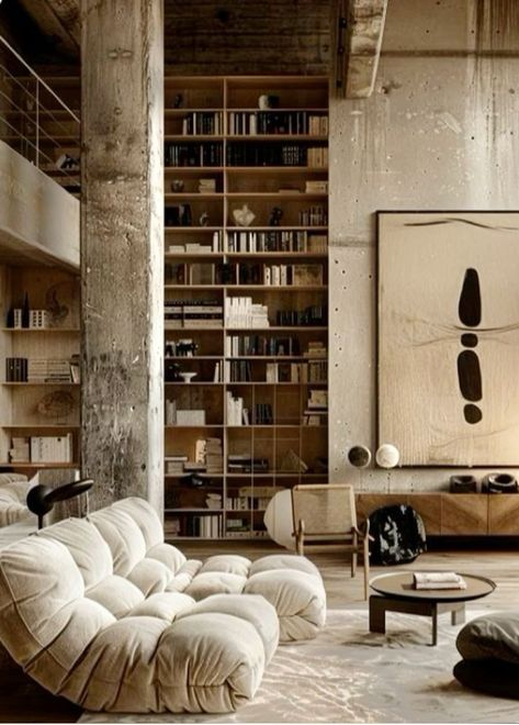 Industrial Beige Living Room, Brutalist Living Room, Black And Beige Aesthetic, Cheap Couches, White Library, Interior Design Renderings, Loft Interior Design, 3d Interior Design, Loft Interiors