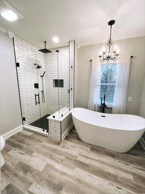 Tub With Chandelier, Tub In Shower Area, Farmhouse Tub, Second Bathroom, Bathroom Upstairs, Black Fixtures, Girl Bathroom, Texas Quilt, Barn Apartment