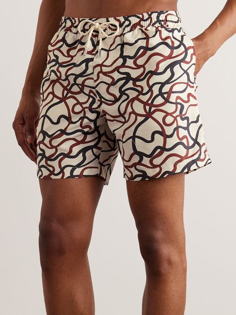 DESIGNED BY MR PORTER. Mr P.'s swim shorts are cut from lightweight shell and printed with doodles taken right out of a sketchbook. Wear yours with a simple tee or polo shirt en route to the beach. Mens Swim Trunks Aesthetic, Swimwear Moodboard, Mr P, Mens Swim Shorts, Print Swimwear, Beach Collection, Swim Sets, Simple Tees, Shorts For Men