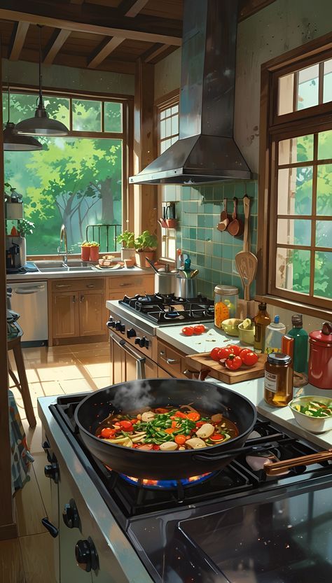 Fantasy Kitchen Illustration, Ghibli Kitchen Aesthetic, Animated Kitchen, Cooking Wallpaper, Anime Kitchen, Cooking Vibes, Pinterest Illustration, Kitchen Drawing, Art Pinterest