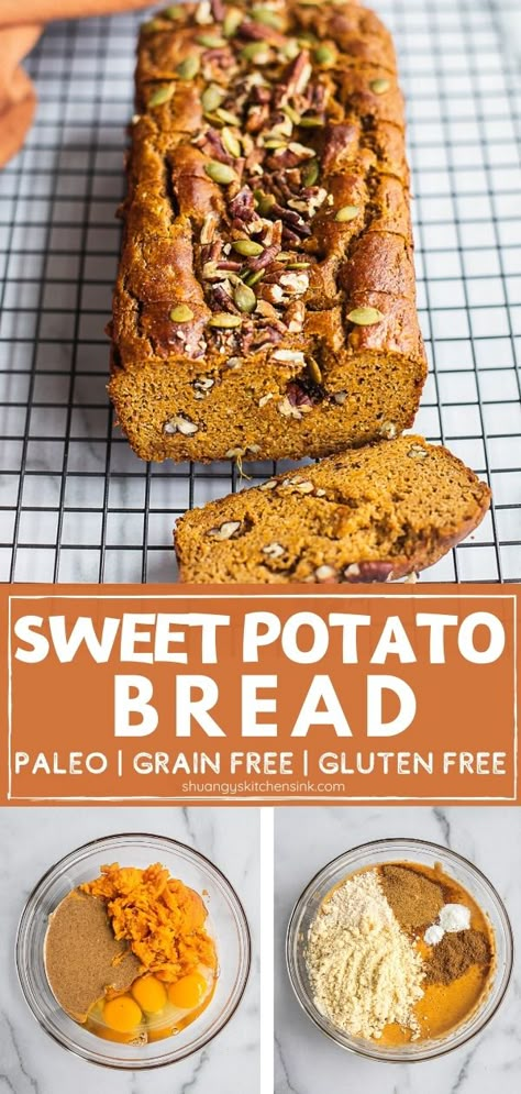 Paleo Sweet Potato Dessert, Paleo Sweet Potatoes Recipes, Grain Free Sweet Potato Bread, Sweet Potato Bread Gluten Free, Healthy Sweet Potato Desserts, Sweet Potato Healthy Dessert, Sweet Potato Bread Healthy, Sweet Potato Recipes Gluten Free, Sweet Potato Keto Recipes