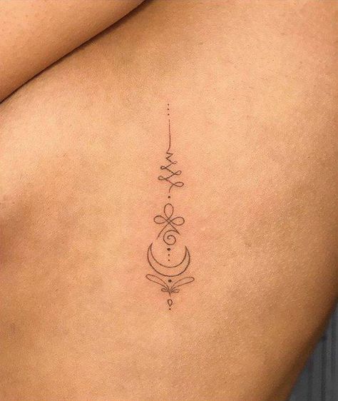 Tattoo Ideas Unalome, Unalome Star Tattoo, Unalome Moon Tattoo Meaning, Tiny Spiritual Tattoos For Women, Spiritual Stick And Poke Tattoo, Unalome With Moon, Lotus Unalome Tattoo Meaning, Unalome Tattoo Back, Tiny Unalome Tattoo