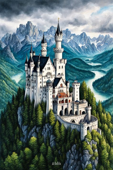 Discover Majestic Mountain Castles: Stunning Digital Art Depicting Grandeur. Inspired by Bavaria Sims Mansion, Where Eagles Dare, Castle Painting, German Architecture, Gothic Castle, Fairytale Cottage, My Fantasy World, Castle House, Fairytale Castle