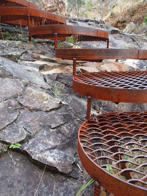 Grampians - Rusty Steel Steps Steep Gardens, Ideas For Garden, Outdoor Steps, Hillside Landscaping, Garden Steps, Outdoor Stairs, Native Garden, Unique Gardens, Elba