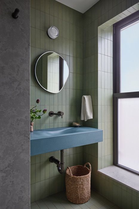 Green Tile Bathrooms, Blue Green Tile, Tile Bathrooms, Green Tile Bathroom, Nyc Loft, Concrete Sink, Concrete Basin, Minimalist Interior Style, Room To Room