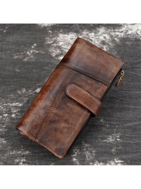 1pc Retro Men's Top Layer Cowhide Wallet Long Large Capacity Multiple Card Slots Wallet, Casual Portable Coins Purse, Durable Card Holder, Perfect Gift For Teacher's Day, Valentine's Day, Birthday, Christmas, Father's Day Coffee Brown Vintage   Genuine Leather Plain,Textured Pattern Trifold   Wallets & Cardholders, size features are:Bust: ,Length: ,Sleeve Length: Teachers Day Gifts, Retro Men, Long Wallet, Textures Patterns, San Valentino, Maternity Bag, Luggage Bags, Teacher Gifts, Women Clothes Sale