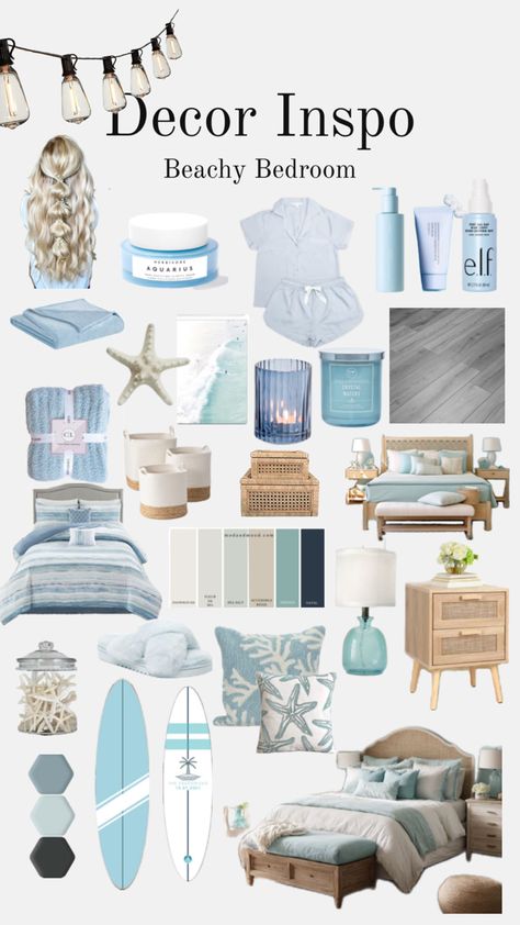 Follow for more! I post everyday! Coastal Room Decor Bedroom, Enya Room, Simple Beach Bedroom Ideas, Bedroom Inspo Beachy, Beach Bedroom Ideas For Teens, Blue Beach Theme Bedroom, Preppy Blue Bedroom, Beach Dorm Room Ideas, Portugal Bedroom