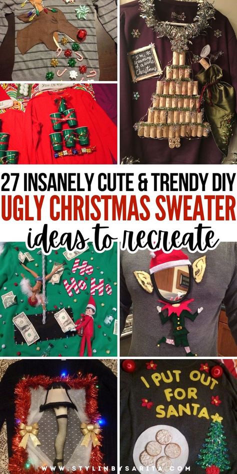 DIY ugly Christmas sweater ideas Puffy Paint Christmas Sweater, Fireplace Ugly Sweater, Ugly Christmas Stocking Ideas, Quick Diy Ugly Christmas Sweater, Fun Christmas Sweaters, Grinch Sweater Ideas, Ugly Tshirt Ideas Diy, Trashy Christmas Party Outfit, Family Ugly Sweater Ideas