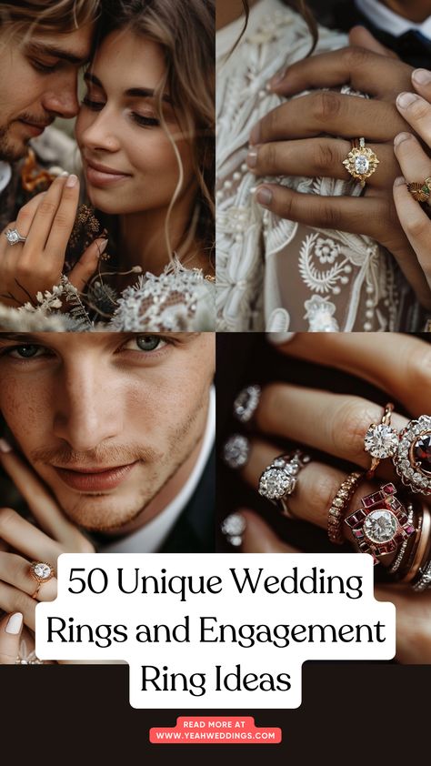 A stunning wedding couple showcasing unique wedding rings and engagement ring ideas, featuring vintage styles, modern designs, and custom-made options with gemstone settings and alternative materials. Unique Wedding Ring Sets Vintage, Engagement Rings Creative, Minimalist Wedding Ring Set, Alternative Engagement Rings Vintage, Gemstone Settings, Wedding Rings And Engagement, Trendy Engagement Rings, Engagement Ring Ideas, Minimalist Wedding Rings