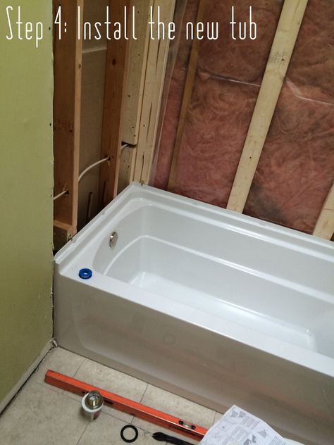 Bathroom Makeover: Installation of the new tub Installing Tub Shower Combo, Bathtub Installation, Diy Tub Installation, Installing A Bathtub, Burger Design, Bathroom Remodel Plans, Bathroom Renovation Diy, Bathtub Shower Combo, Tub Remodel