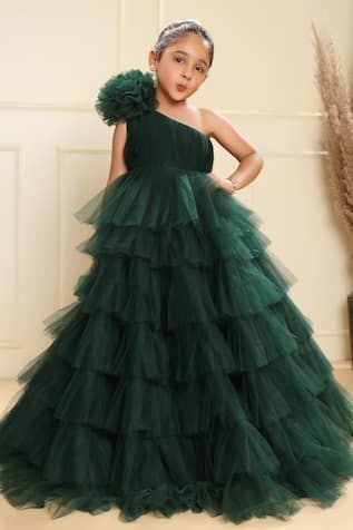 Bottle green fit and flare layered gown with floral applique on the shoulder. - Aza Fashions Satin Net Gown, Layer Gown Pattern, Gown For Girls Party Wear, Gown Designs For Girls Kids, Flare Dress For Kids, Party Wear Dress For Kids, Long Frock Models For Kids, Birthday Frocks For Kids, Baby Frocks Designs Party Wear