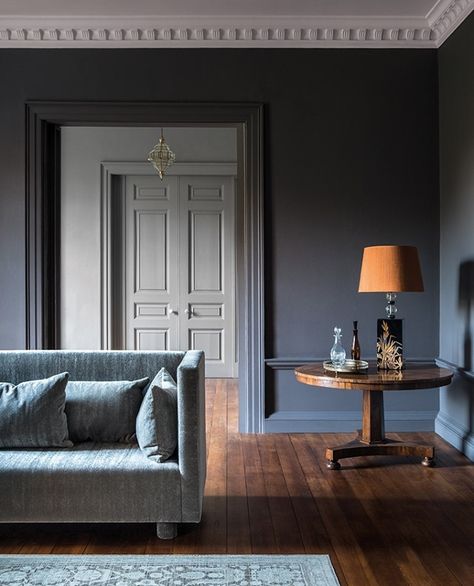 Paint & Paper Library on Instagram: “'Squid Ink', a moody charcoal blue, works perfectly on walls and skirting boards to create an elegant, sophisticated space⁠” Charcoal Blue, Paint And Paper Library, Paint Paper, Blue Paint Colors, Scandinavian Home, Painted Paper, Furniture Fabric, Upholstered Furniture, Farrow Ball