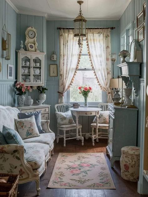 Pastel Cozy Living Room, Cozy Colorful Cottage Interiors, Small Cottagecore Living Room, Grandma Style Living Room, Living Room Ideas Cottagecore, Calm Blue Living Room, Blue Vintage Living Room, Periwinkle Room Ideas, Grandma Cottage Core Living Room