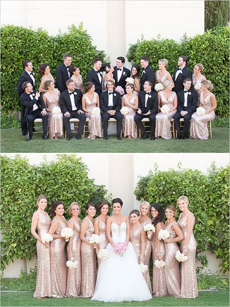 gold and black wedding party attire @weddingchicks Metallic Wedding Colors, Pink Roses Wedding, Gold Dresses, Metallic Wedding, Gold Wedding Theme, Gold Bridesmaid Dresses, Gold Bridesmaids, Party Attire, Champagne Wedding