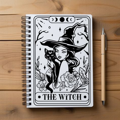 The Witch Tarot Card, Tarot Doodles, Hand Drawn Tarot Cards, Tarot Card Bujo Theme, Witch Tarot Card, Witch Journal Cover, Witch Notebook Cover, Heavenly Quotes, Witches Tarot Cards