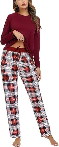 Uniexcosm Women's Pyjama Sets Cotton Checked Loungewear Set Long Sleeve Cotton Top and Pants Sleepwear for Ladies Wine Red : Amazon.co.uk: Fashion Cute Pjs For Women, Long Sleeve Cotton Tops, Check Pants, Cute Pjs, Pyjama Sets, Christmas Pjs, Soft Pajamas, Plaid Pajamas, Womens Pyjama Sets