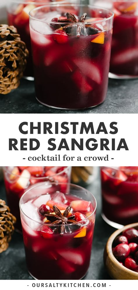 This Holiday Sangria recipe is the perfect Christmas cocktail for a crowd, infused with warm seasonal spices and flavors like orange and cranberry. This spiced red sangria recipe is super quick, and is 100% make-ahead friendly. Fruity, spiced and seriously sippable, this is the ultimate holiday cocktail recipe to serve a crowd. #christmas #christmascocktail #holidaycocktail #sangria #drinks #cocktail #redsangria Christmas Sangria Red, Cocktail For A Crowd, Winter Sangria Recipes, Red Sangria Recipe, Holiday Sangria Recipes, Christmas Sangria Recipes, Christmas Cocktail Recipes, Cranberry Sangria, Red Sangria Recipes