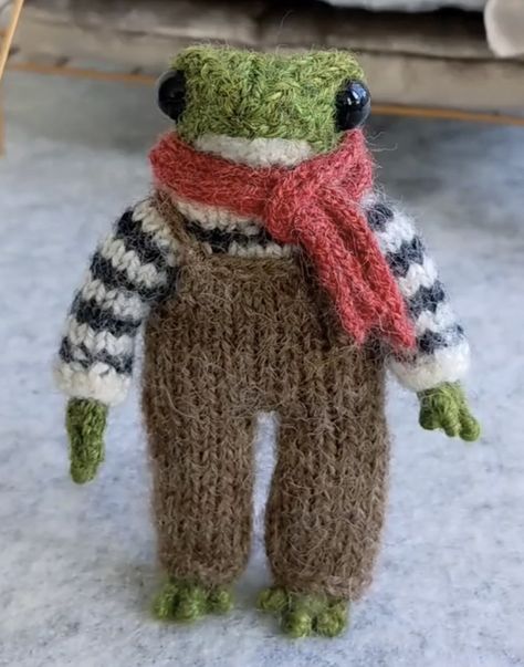 Crochet Frog With Clothes, Knitted Frog Pattern, Knitted Frog Hat, Frog Scarf, Froggy Crochet, Knitted Frog, Frog Doll, Frog Crochet, Crochet Frog