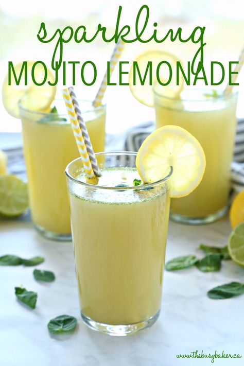 This Healthy Sparkling Mojito Lemonade is a summer drink favourite - it's a healthy, non-alcoholic version of a mojito made with fresh mint, lemons and limes, sparkling water, and a healthy secret ingredient! Recipe from thebusybaker.ca! #healthy #lemonade #mojito #drinks #drink #recipe #easyrecipe #blender #coctktail #mocktail #refreshing #summer #party #barbecue Lemonade Mojito, Mojito Drinks, Sparkling Water Recipes, Healthy Lemonade, Mojito Drink, Spicy Candy, Virgin Drinks, Lemons And Limes, Non Alcoholic Cocktails