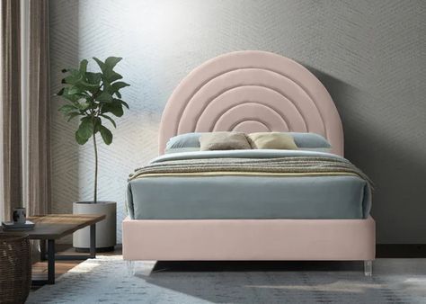 Velvet Queen Bed, Headboard Shapes, Low Profile Platform Bed, Acrylic Legs, Velvet Bed, Headboard Designs, Meridian Furniture, Pink Bedding, Grey Bedding