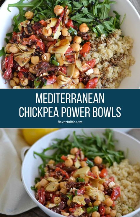 Enjoy a roasted chickpea power bowl packed with protein and perfect for a vegetarian meal. Featuring artichoke hearts, roasted red peppers, sundried tomatoes, olives, and feta cheese, this high protein vegetarian dinner is a delicious Mediterranean bowl that's easy to prepare and full of flavor. High Protein Vegetarian Dinner, Glow Bowls, Mediterranean Diet Recipes Breakfast, Mediterranean Bowl, High Protein Vegetarian, Mediterranean Recipes Healthy, Vegetarian Bowls, Mediterranean Chickpea, Roasted Chickpea