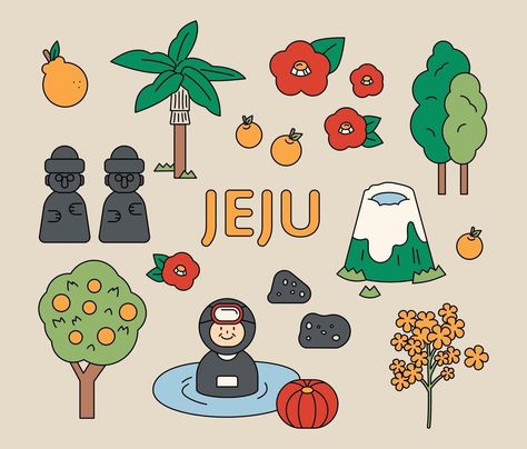 Simple Vector Illustration, Travel Doodles, Korean Illustration, Infographic Illustration, 카드 디자인, Jeju Island, Printable Activities For Kids, Korean Art, Travel Illustration