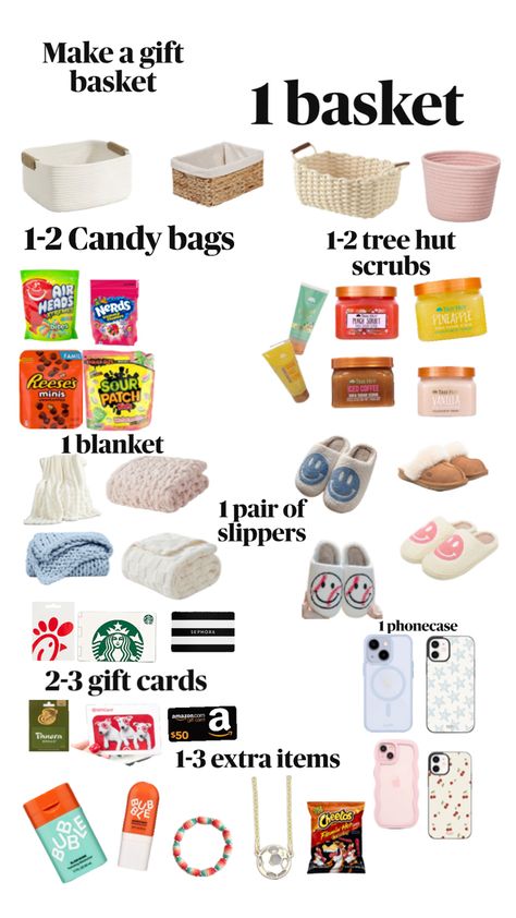 Find different thing to put in your basket Cheer Up Gift Basket, Secret Santa Gift Ideas For Women, Care Basket Ideas, Brrr Basket, Make A Gift Basket, Cute Baskets, Teen Gift Basket, Preppy Christmas List, Get Well Baskets