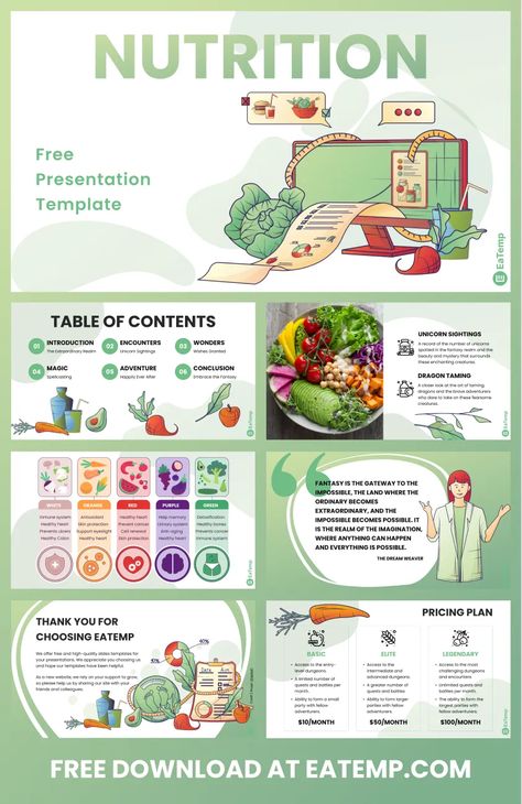 EaTemp's Unique Nutrition PowerPoint Template is a creative and visually-appealing way to present your nutrition information. With its modern design and easy-to-use features, this template is perfect for any presentation. Try it Nutrition Template, Aesthetic Powerpoint, Creative Powerpoint Presentations, Ppt Template Design, Free Powerpoint Presentations, Free Ppt Template, Presentation Slides Design, Powerpoint Slide Designs, Slides Design