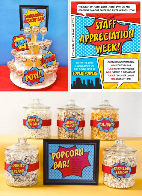 Staff Teacher Appreciation Week Superhero Party WITH PRINTABLES via Karas Party Ideas KarasPartyIdeas.com Superhero Teacher Appreciation, Volunteer Appreciation Week, Superhero Teacher, Staff Appreciation Week, Nurse Appreciation Week, Super Hero Theme, Volunteer Appreciation, Popcorn Bar, Birthday Party Printables