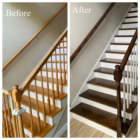 Updated stairs using stain color Jacobean. Turned out so well! Dark Wood Staircase Light Floors, Dark Wood Stairs With Light Floors, Stair Colors Paint, Staining Stair Rail, Two Toned Staircase, Two Tone Wood Stairs, Stair Stain Colors, Restain Stairs, Wood Stain Stairs