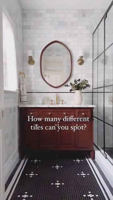 Black Penny Tile With White Border, Penny Tile Bathroom Message, Penny Tile Bathroom Floor Black, Black White Penny Tile Bathroom, White And Black Penny Tile Bathroom, Black And White Penny Tile Floor, Penny Tile Dark Grout, Black And White Penny Tile Bathroom, Marble Subway Tile Bathroom