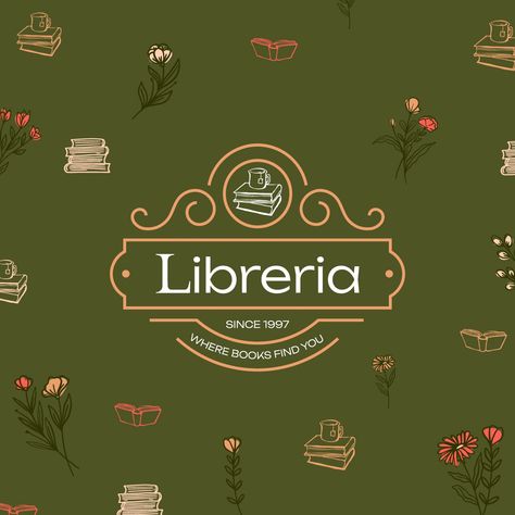 brand identity of a vintage bookshop called libreria with a simple but effective logo and an illustration pattern Logo For Bookstore, Bookstore Logo Ideas, Book Store Logo Design, Bookstore Branding Design, Book Store Branding, Bookshop Branding, Book Cafe Logo, Old Book Design, Bookstore Logo Design