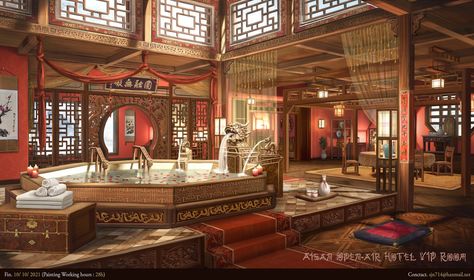 ArtStation - Asian open-air hotel VIP room Japanese Bath House, Chinese Room, Chinese Palace, Chinese Background, Ancient Chinese Architecture, Japanese Style House, Fantasy Rooms, Rustic Bathroom Designs, Vip Room