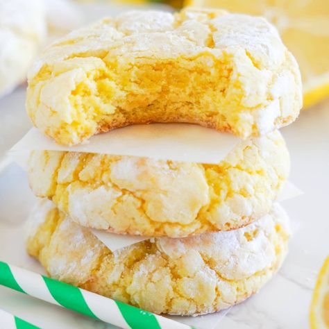 Lemon Crinkle Cookies Crinkle Cookies Recipe Cake Mixes, Lemon Crinkle Cookies Recipe, Easy Pumpkin Dump Cake, Rhubarb Cookies, Strawberry Cake Mix Cookies, Pumpkin Dump Cake Recipe, Lemon Cake Mix Cookies, Moist Lemon Cake, Crinkle Cookies Recipe