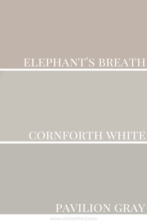 Farrow and Ball Cornforth White Comparison With Elephants Breath And Pavilion Gray. Best Farrow And Ball Bedroom Colours, Farrow And Ball Cornforth White Kitchen, Grey Farrow And Ball Paint, Hallway Ideas Farrow And Ball, Elephant Breath Kitchen, Elephant Breath Hallway, Farrow And Ball Elephants Breath Hallway, Pavilion Gray Farrow And Ball, Farrow And Ball Colour Schemes Hallways