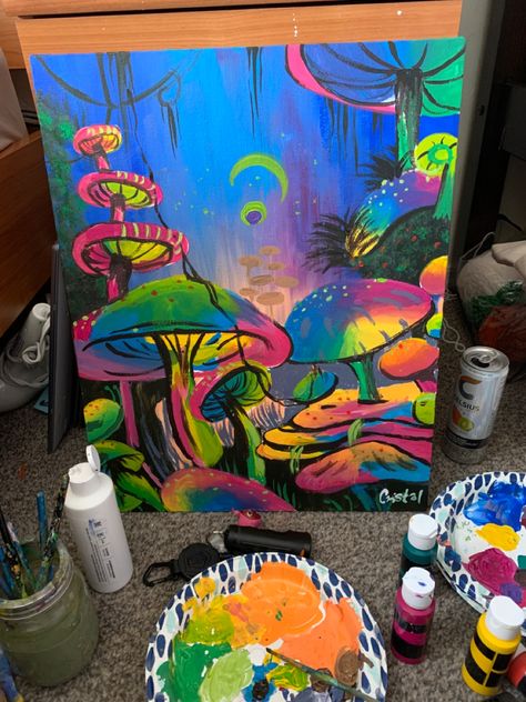 Very Colorful Drawings, Trippy Aesthetic Paintings Canvases, Portal Painting Ideas, Trippy Landscape Painting, Trippy Canvas Art Diy, Things To Paint On Canvas Trippy, Trippy Mushroom Painting, Trippy Painting Ideas Creative, Cool Painting Ideas Trippy