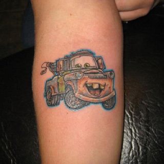 Tow mater Tow Mater Tattoo, Disney Mater, Sally Tattoo, Sally Carrera, Disney Inspired Tattoos, Matte Cars, Disney Sleeve, Tow Mater, Pontiac Trans Am