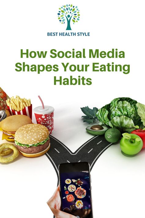 Image depicting a split path originating from a smartphone screen held by a hand. One side of the path leads to fast food items like a burger, fries, and a soda, while the other side showcases healthy foods like vegetables and fruits. Text reads "How Social Media Shapes Your Eating Habits." Logo at the top says "Best Health Style. Viral Food, Food Content, Best Health, Food Trends, Daily Meals, Online Food, Eating Habits, Diet Recipes, Influencer