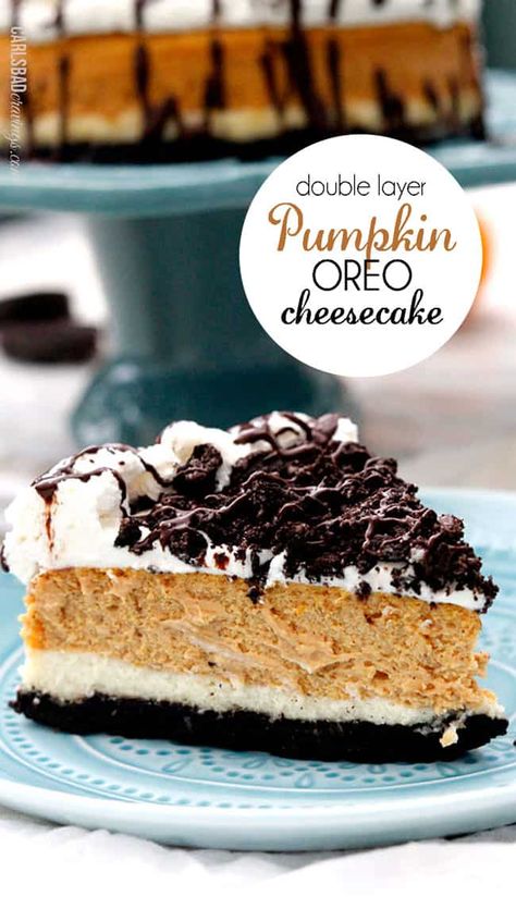 Double Layer Pumpkin Cheesecake with Oreo Crust - with Video! Pumpkin Oreo Cheesecake, Royal Food, Layered Pumpkin Cheesecake, Oreo Crust Cheesecake, Coconut Dessert, Pumpkin Cheesecake Recipes, Carlsbad Cravings, Brownie Desserts, Thanksgiving Food Desserts