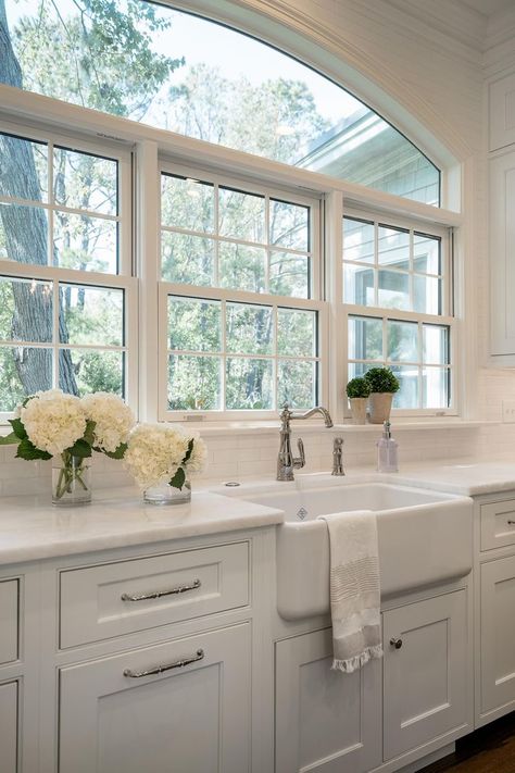 Rounded Kitchen Window, Big Window Above Kitchen Sink, 3 Window Kitchen, Kitchen With Large Window Over Sink, Adding Windows To House, Big Sink Kitchen, Windows Above Kitchen Sink, Kitchen With Big Windows, Large Kitchen Windows