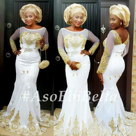 White and Gold Gold African Wedding Dress, Gold Asoebi Styles, Gold Asoebi, Aso Ebi Style, Nigerian Style, Naija Wedding, African Weddings, African Shoes, Bellanaija Weddings