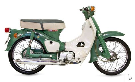 Honda 1970 Cub_50. The Honda Super Cub, in its various versions C100, C50, C70, C90, C100EX, C70 Passport and more, is a Honda underbone motorcycle with a four stroke single cylinder engine ranging in displacement from 49 to 109 cc (3.0 to 6.7 cu in). Having been in continuous manufacture since 1958, with production surpassing 60 million in 2008, the Super Cub is the most produced motor vehicle in history. Underbone Motorcycle, C90 Honda, Honda C100, Cub 50, Honda C50, Honda C90, Honda Motorbikes, Honda Scooters, Vintage Honda Motorcycles