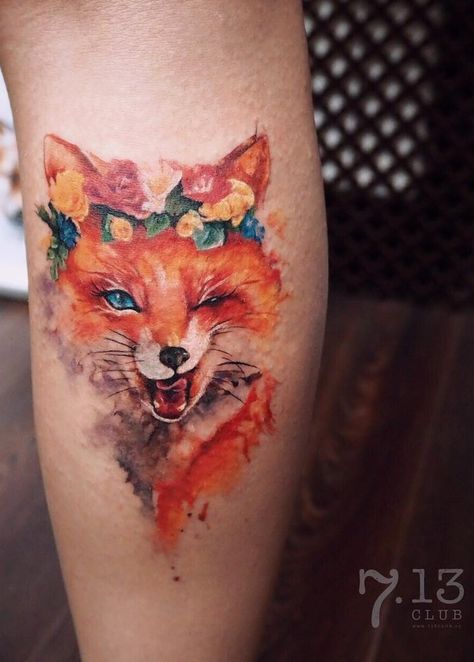 Fox Tattoo Meaning, Red Fox Tattoos, Fox With Flowers, Watercolor Fox Tattoos, Fox Tattoo Design, Tattoo Pictures, Deer Tattoo, Fox Tattoo, Fox Art