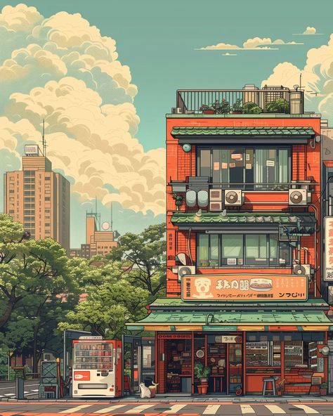 which store do you think has the best vibe? 😼   ⠀⠀⠀⠀⠀⠀⠀⠀⠀⠀⠀⠀ High Resolution Wallpapers available on my Ko-fi! 🔗 https://linktr.ee/whimcity ✉️ DM for collabs ⠀⠀⠀⠀⠀⠀⠀⠀⠀ 🔗 #illustration 🔗 #urbanjungle 🔗 #cityscapes 🔗 #aiart 🔗 #aiartwork 🔗 #midjourneyartwork 🔗 #aiartcommunity 🔗 #city 🔗 #ghibli 🔗 #animeart 🔗 #animestyle 🔗 #mangaart 🔗 #lofi My Vibe Wallpaper, Animated City, Japanese City Drawing, Animated Landscape, Building Digital Art, Build Illustration, Japan Aesthetic Art, Studio Ghibli City, Japan Illustration Design