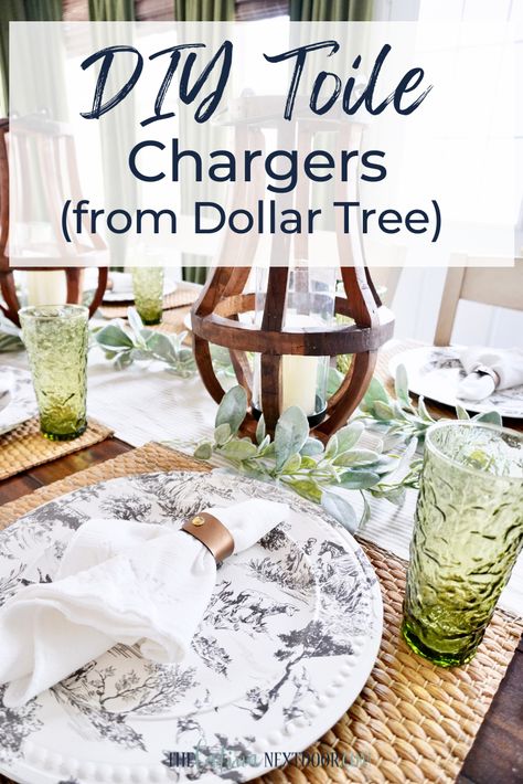 DIY Toile Chargers from Dollar Tree - The Latina Next Door Make A Tablecloth, Charger Plates Diy, Charger Plates Decor, Dollar Tree Plates, Diy Place Settings, Dollar Store Christmas Decorations, Diy Chargers, Christmas Dining Table Decor, Christmas Dining Table