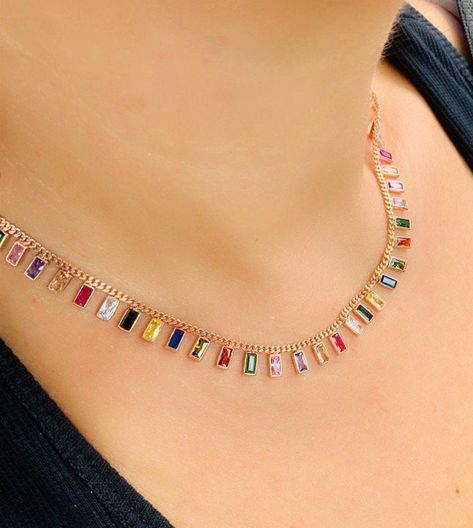 Baguette Multicolor Choker / 925 Silver Rose Gold Plated / CZ Stone Choker / Curb Link Bezel Rainbow Necklace by ElizzJewels on Etsy Hypoallergenic Necklace, Baguette Necklace, Colorful Necklace, Trendy Necklace, Stone Choker, Rainbow Jewelry, Rainbow Necklace, Jewel Necklace, Accessories Style