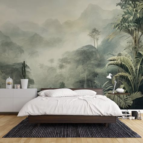 Panoramic Tropical Jungle Wallpaper Mystical Misty Forest Lush Landscape Wallpaper Chic Botanical Equatorial Ambiance - Etsy Jungle Wallpaper Bedroom, Panoramic Wallpaper, Distant Mountains, Colonial Interior, Forest Mural, Interior Decorating Tips, Jungle Wallpaper, Nature Color Palette, Wild Beauty