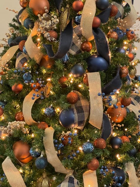 Green Christmas Tree Ideas Decorating, Blue Silver Copper Christmas Tree, Blue And Amber Christmas Tree, Cooper And Blue Christmas Tree, Dark Green And Copper Christmas Tree, Blue Green Orange Christmas Tree, Copper Theme Christmas Tree, Christmas Tree Copper Gold, Navy And Rust Christmas Tree